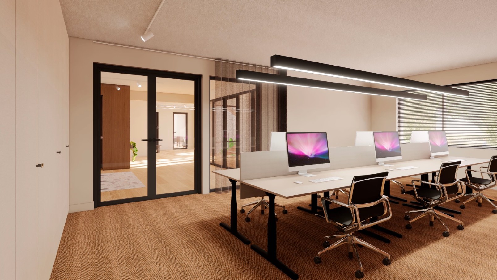 3D-visual van een kantoor met werkplekken en glazen wanden